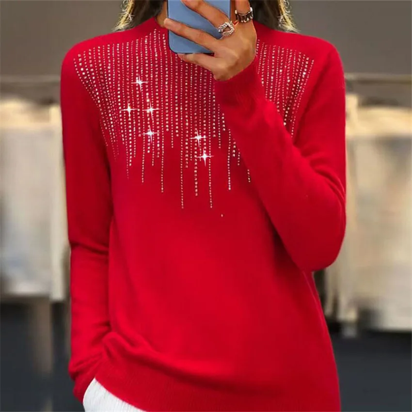 Damen-Pullover für Herbst und Winter, neuer Damen-Pullover mit halbem Rollkragen und diamantbesetztem Strickpullover