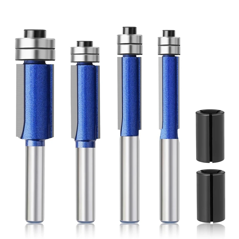 

4PC Straight Router Bits Set 1/4 Inch Shank,Bottom Top Bearing Flush Trim Router Bit Set Flush Cut Router Bit For Woodworking