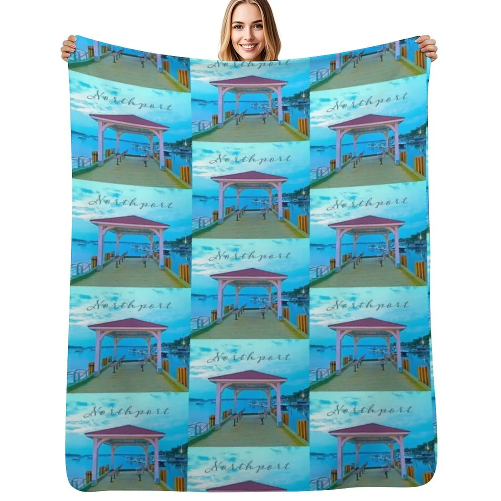Northport Village Dock, New York Throw Blanket Multi Use Warm Blanket for Living Room Bedroom