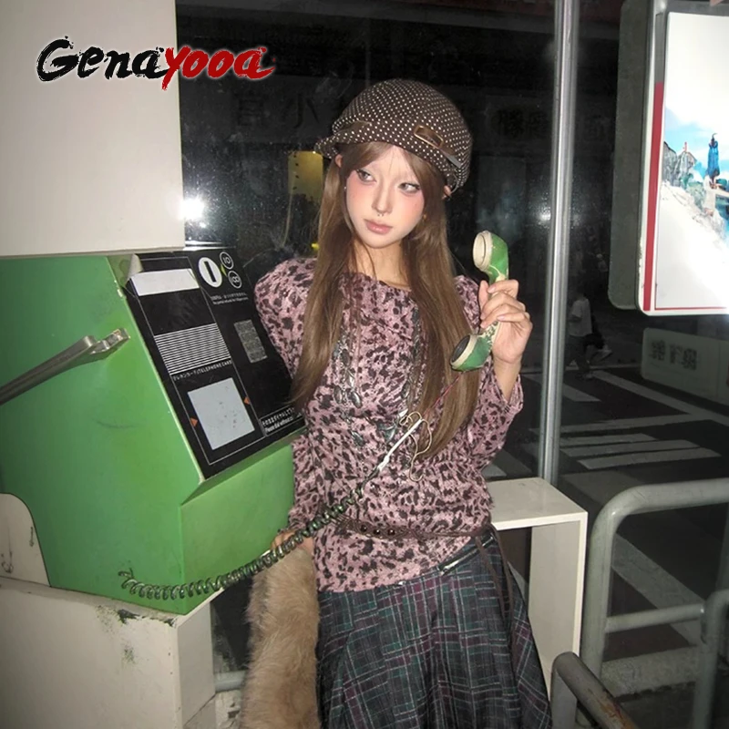 

Женская футболка Genayooa Y2K в японском стиле, с открытыми плечами, с леопардовым принтом, графический топ, эстетика 2000-х, гранж, американский ретро-стиль