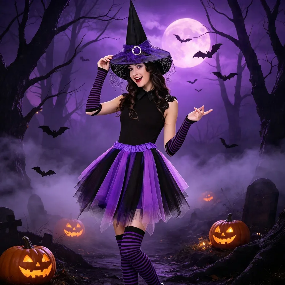Ladies Complete Striped Witch Cosplay Outfit Set Ruffle Skirt Matching Witch Hat Stockings Halloween Carnival Theme Party