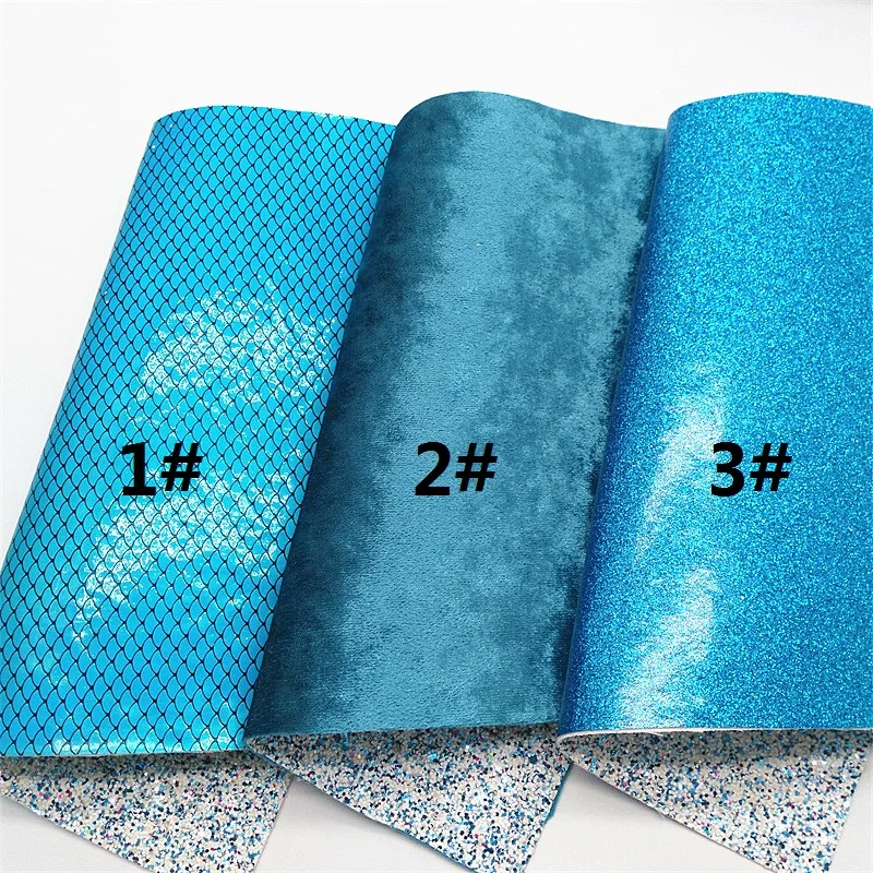 Double Sides Leather Blue White Glitter Leather Matching with Velvet Fabric Mermaid Faux Leather for DIY Craft 8.2