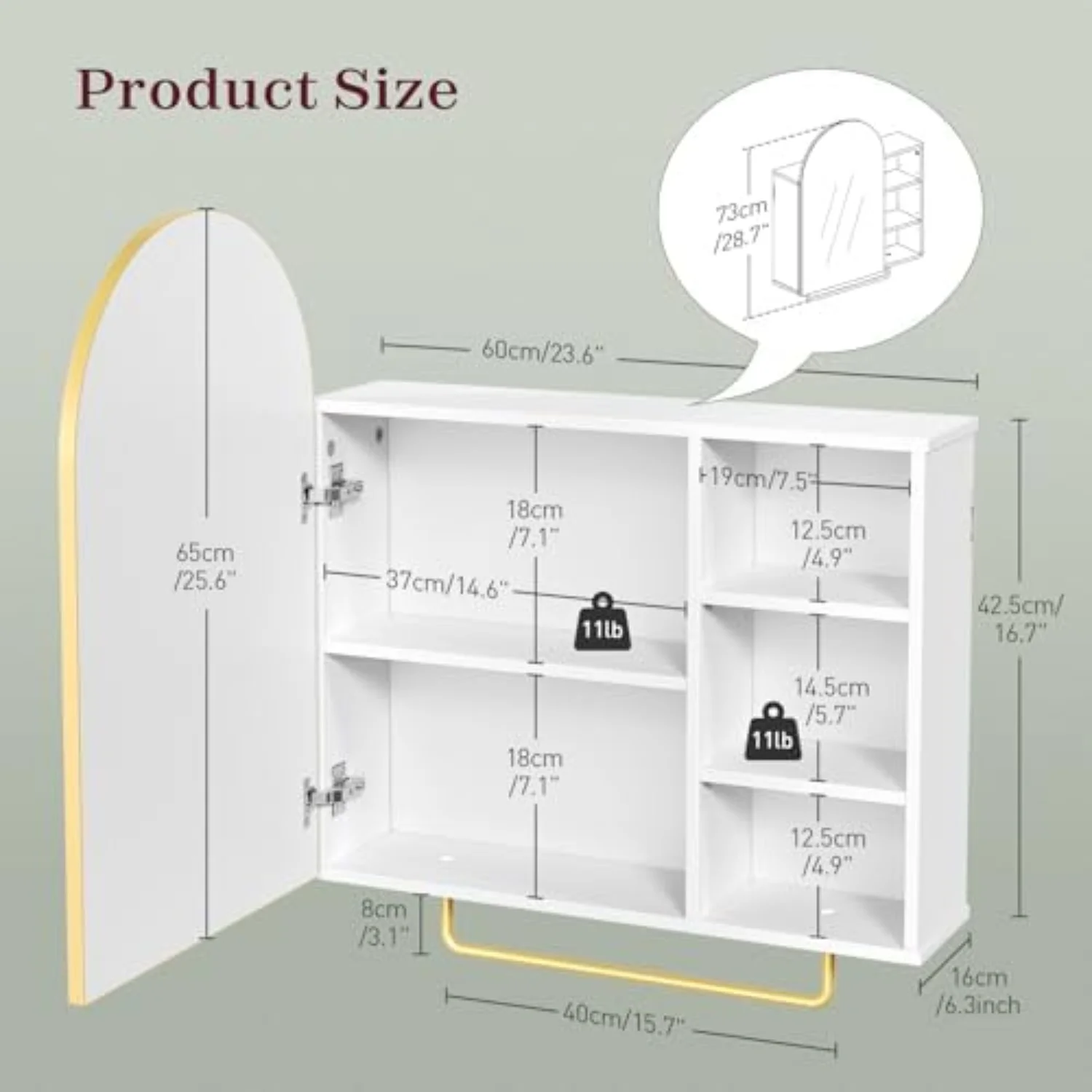 Bathroom Medicine Cabinet Mirror with Storage, 24 x 29 Inch Arched Bathroom Vanity with Mirrored Cabinets Wall Mount