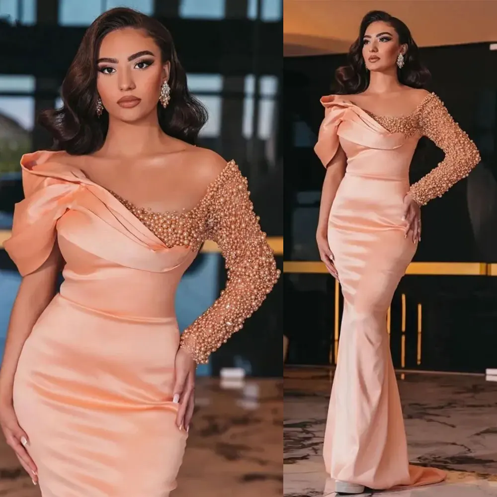 

Arabic Mermaid Evening Dresses Pearl Bead Satin Off Shoulder Long Sleeves Formal Occasion Party فساتين للحفلات الراقصة Prom Gown