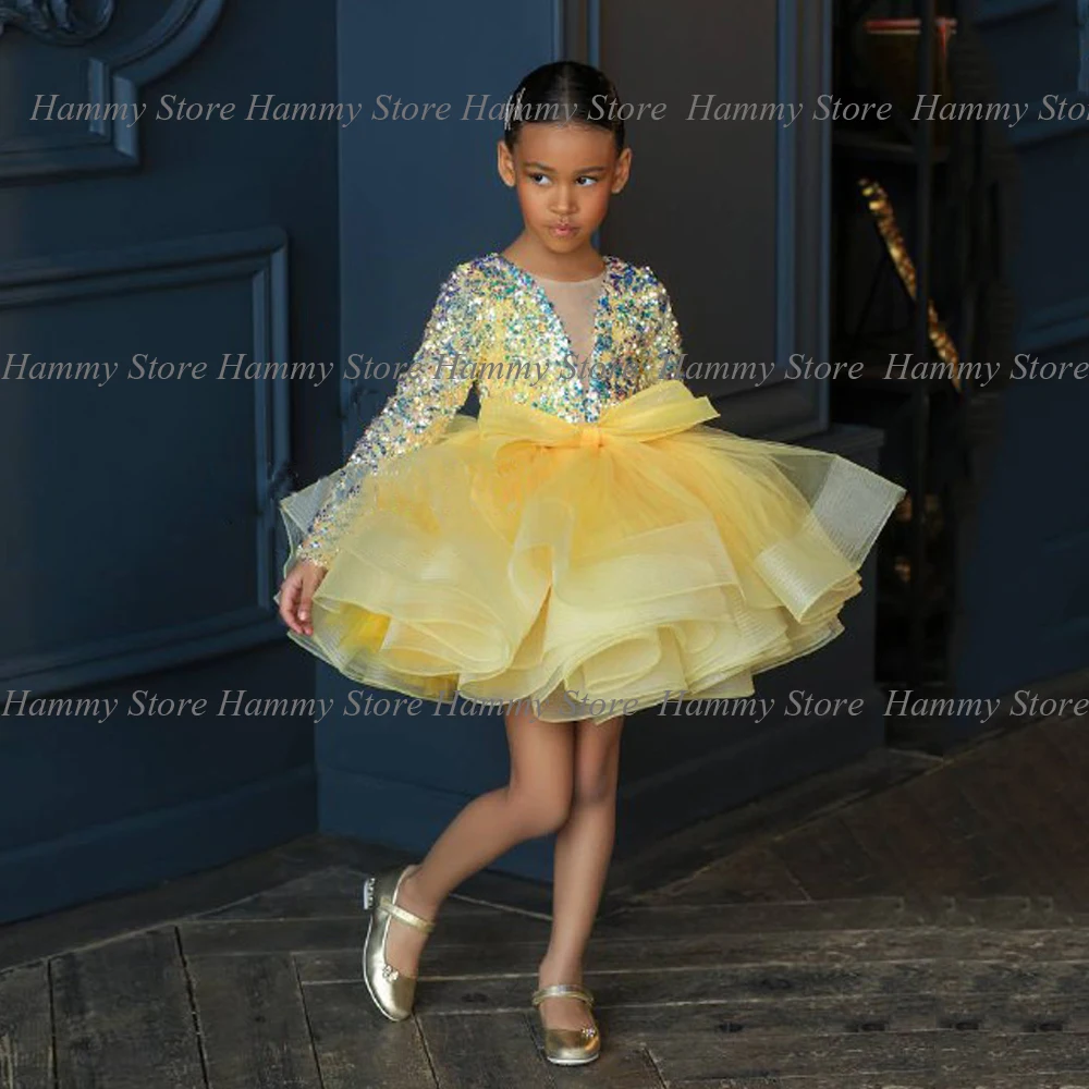 Robe de demoiselle d'honneur à paillettes jaunes pour enfants, manches longues, col rond, grand nœud, fête d'anniversaire, robe de reconstitution historique, Noël