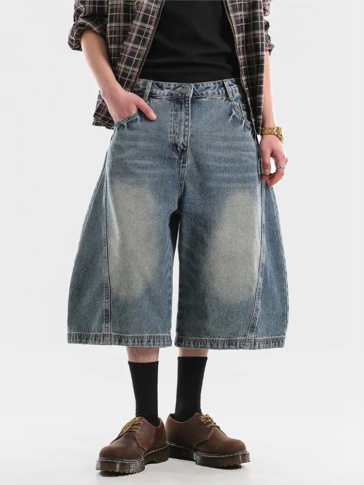 

American Style Loose Fit Blue Seven-Foot Jeans Washed out Casual Wide Leg Over-Knee Shorts Deconstructed Design Trendy Youth ...