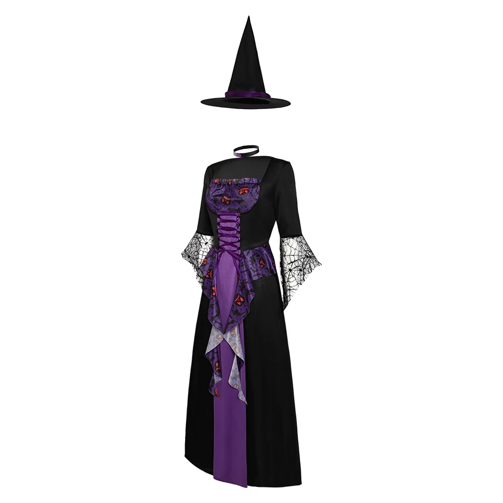 Medival Witch Cosplay Costume Dress Hat Neckband Adult Women Dress-Up Outfits Fantasy Halloween Carnival Party Fantasia Suit