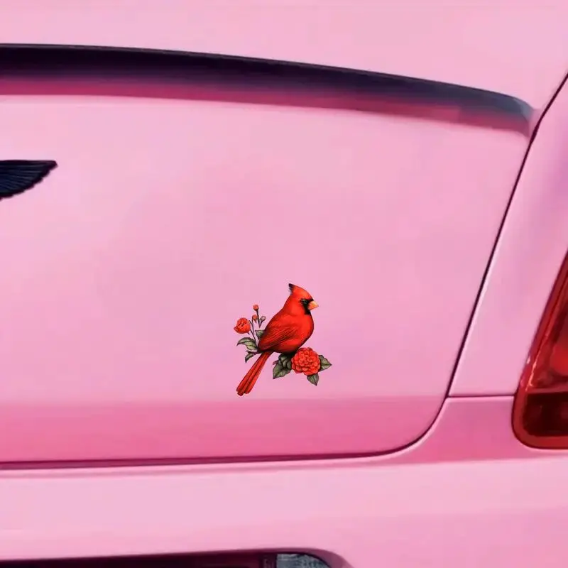 1pc Vibrant Red Cardinal Bird Vinyl Decal | Black Mask & Orange Beak, Perched on Branch with Red Roses & Camellia