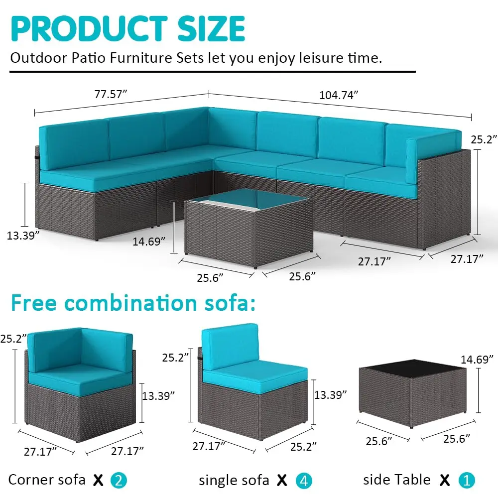 7 PCs Outdoor Patio Furniture PE Wicker Rattan Sectional Conversation Sofa Set, Turquoise