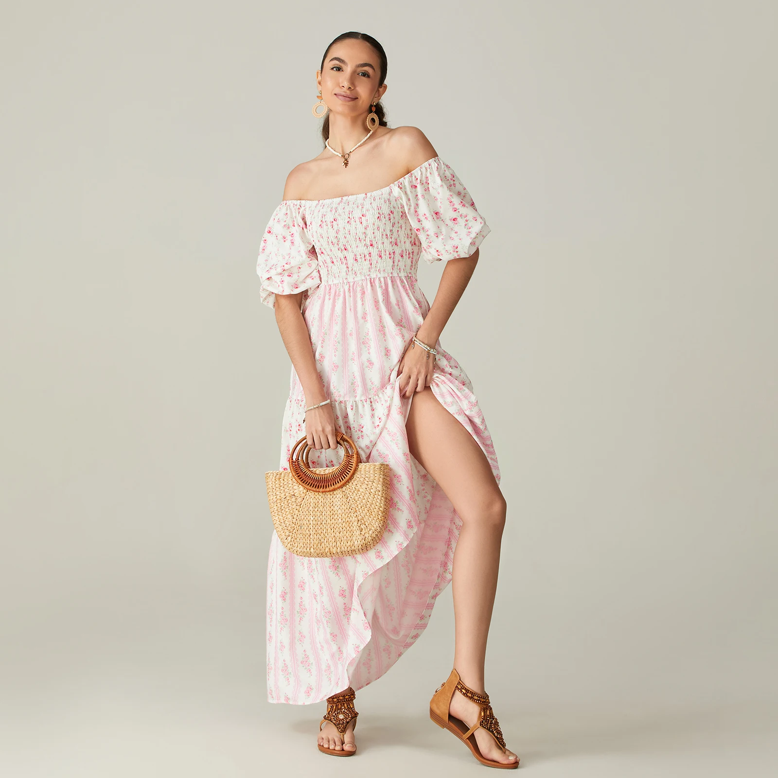 ผู้หญิงฤดูร้อนชุดยาวพิมพ์ลายดอกไม้สแควร์คอแขนสั้นแฟชั่น Casual Bohemian Holiday Beach Dresses
