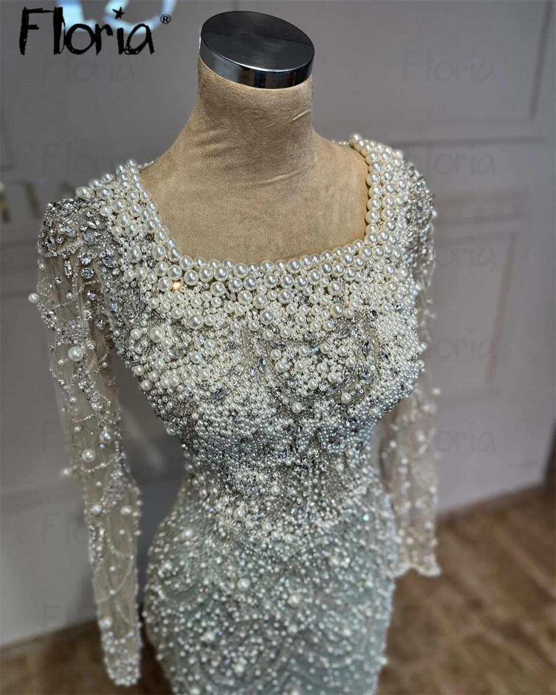 

Fashion Contrast Color Long Evening Dress Vintage Square Neck Full Ivory Pearls Elegant Party Gown Customized Dinner Prom Dress