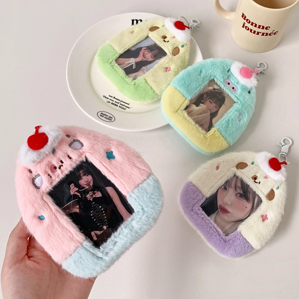Cute Plush Photocard Holder 3 Inch Korean Idol Card Holder Postcards Storage Card Bag Keychain ID Bus Card Protector Case Sleeve