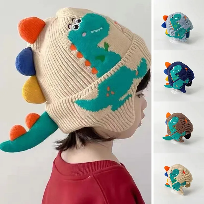 

Cute Dinosaur Kids Earmuffs Hat Winter Warm Knitted Beanie Cap for Boy Girl Cute 3D Solid Color Toddler Ear Protection Caps