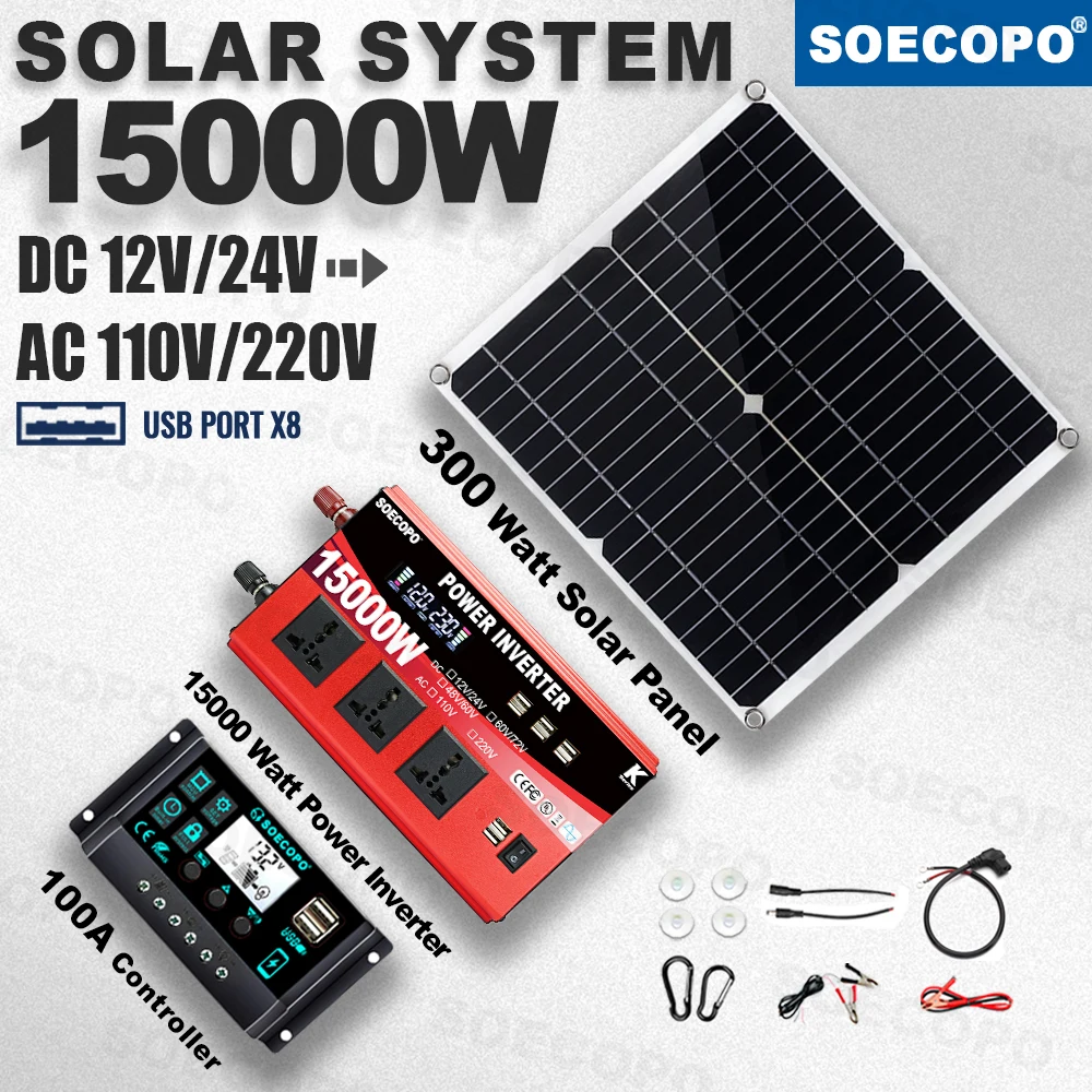 SOECOPO15000WPeak Solar System Kit 300W Panel 100A Controller 12V/24V 110V220V Inverter Generator for Camp Home charger off grid