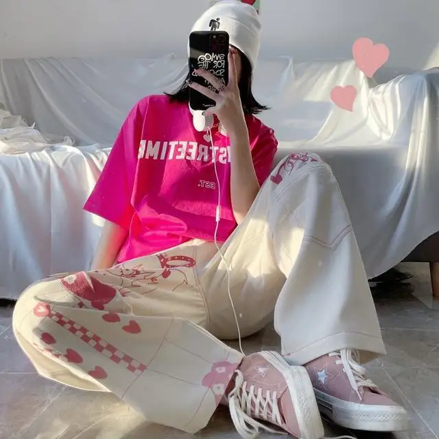 QWEEK Japanese Y2k High Waist Pants Kawaii White Women Trousers Korean Fashion Cute Cartoon Print Soft Girl Oversize Streetwear