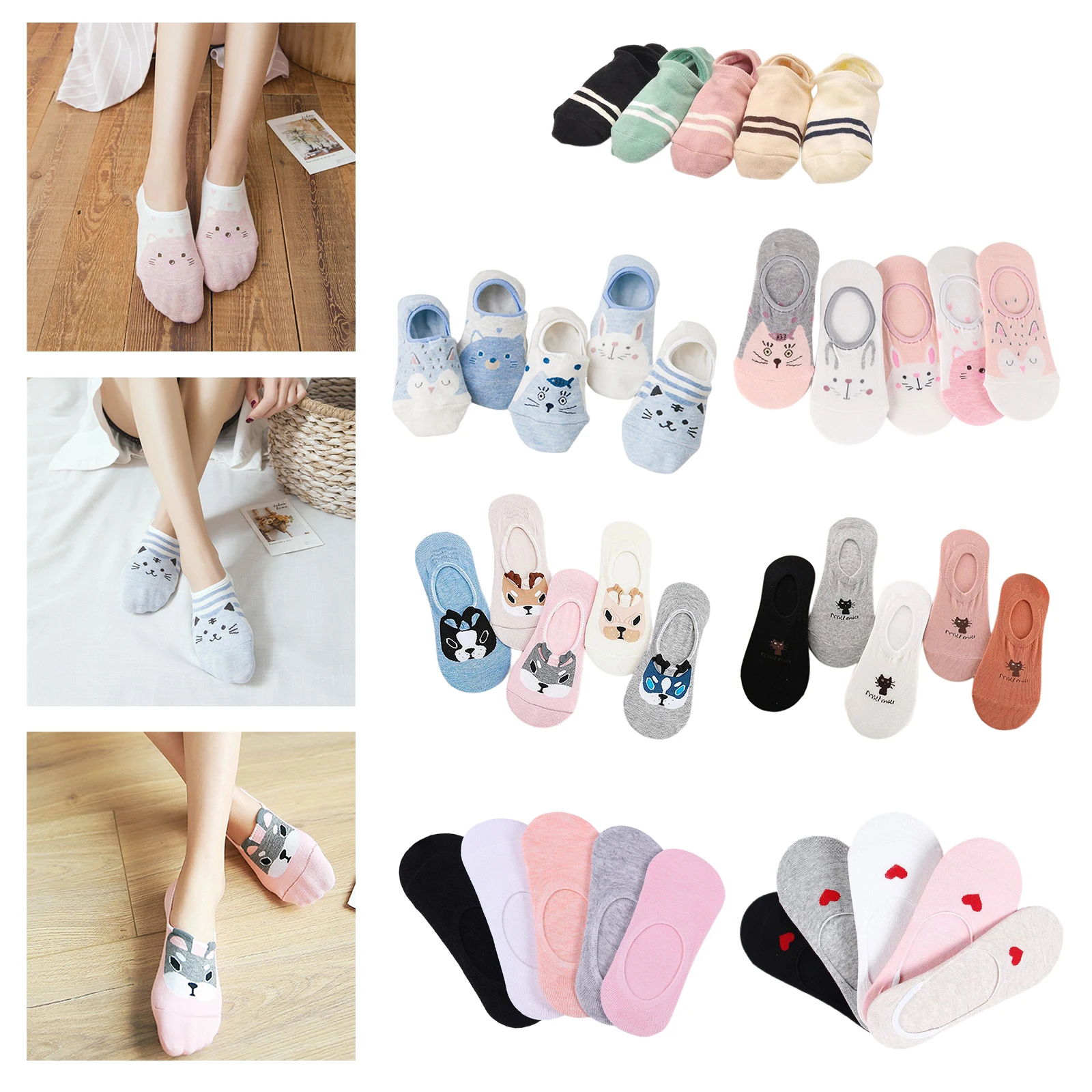 

5 Pairs Pack Women's Fashion No Show Fun Socks Non-slip Ankle Socks Comfort