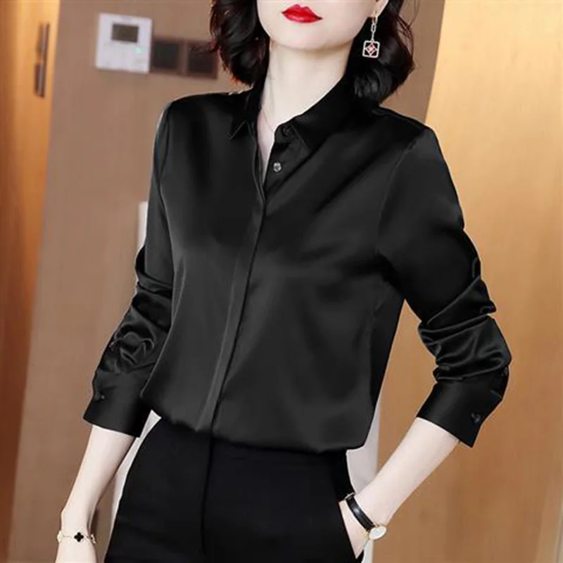 Elegant Solid Color Lapel Long Sleeve Oversized Satin Button Shirt 2022 Autumn New Casual Women\'s Clothing Office Lady Blouses