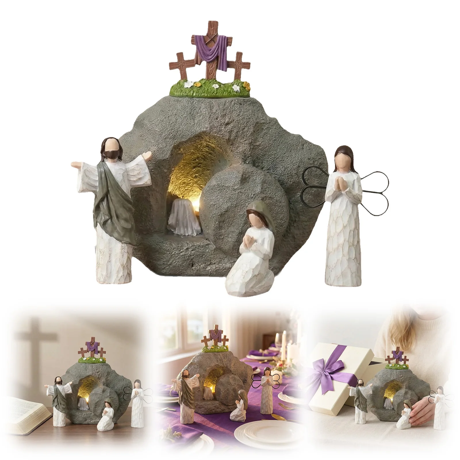 Décor de scène de Pâques Tombe vide avec petites figurines de Jésus, ensemble de la scène de la Résurrection de Pâques avec croix pour la décoration de la maison, de la cuisine et des fêtes