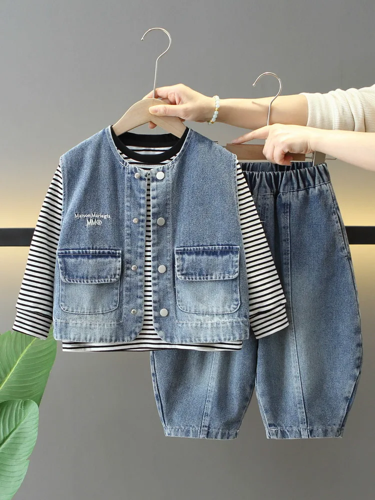 Big Boys Clothes Outfits 2-10Years Spring Autumn Kids Denim Vest+Stripes T-shirt+Jeans 3Pcs Set Cotton Comfortable Children Suit