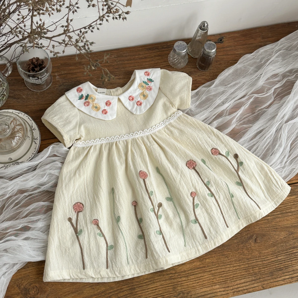Summer Toddler Pure Cotton Dress Cute Doll Collar Flower Embroidered Princess Dress for Baby Girl 0-3 Years Old 5