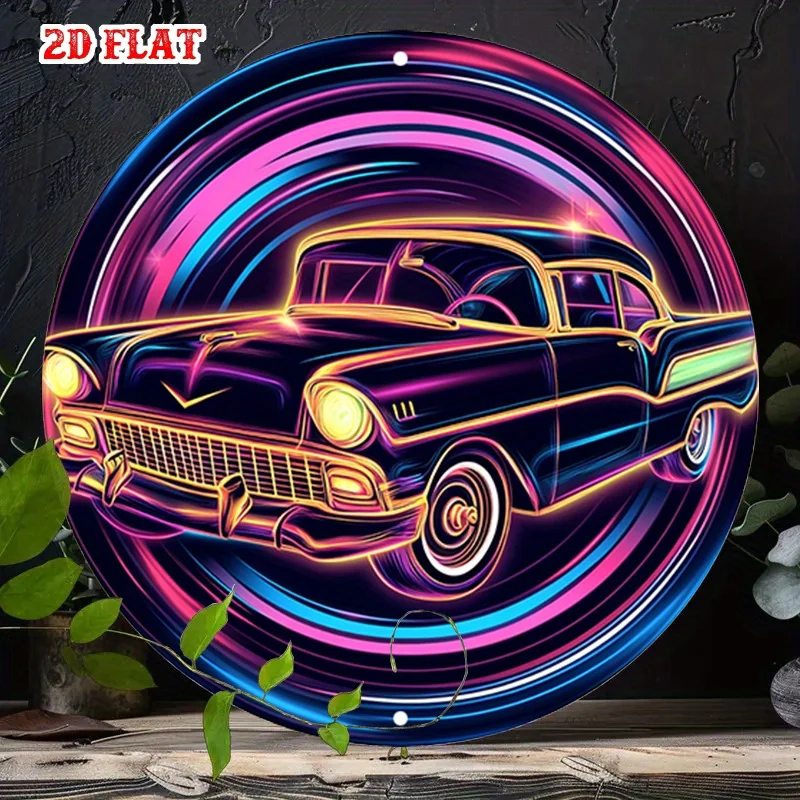 1pc Rustic Vintage Metal Wall Art Sign-Black Classic Car with Neon Spiral Lights, Circular Aluminum Retro Decor for Living Room