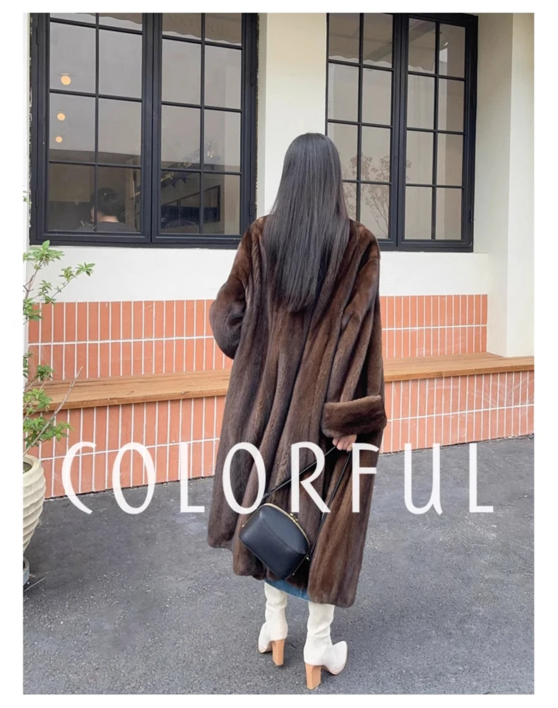 Lautaro Winter Long Vintage Elegant Luxury Chic Thick Warm Soft Brown Fluffy Faux Mink Fur Coat Women V Neck Furry Overcoat 2023