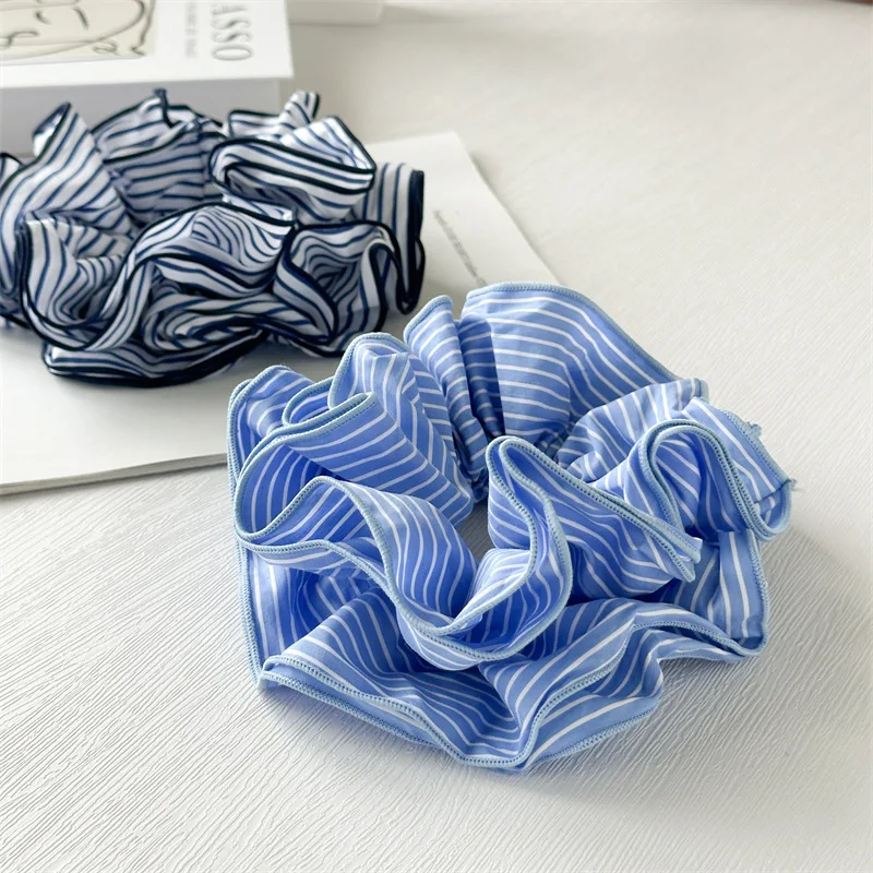 Trendy Striped Blue Oversized Multi-layer Scrunchie Headwear 2024 Korean Exaggerated Ponytail Hair Ties Women Hair Accessories