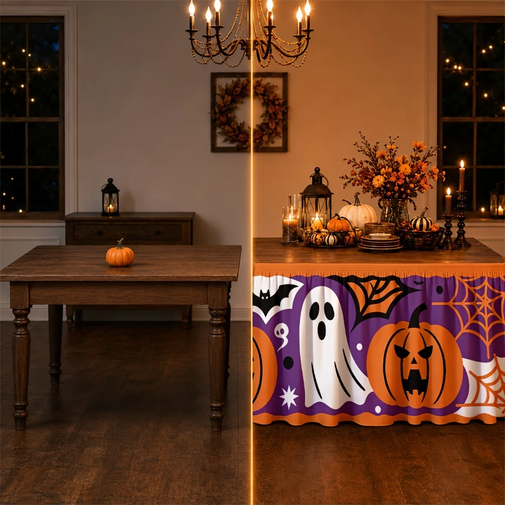 Tablecloth / Tablecloth Background Theme: Halloween. Terrifying pumpkins, ghostly spirits, bats, spiders, orange, purple.