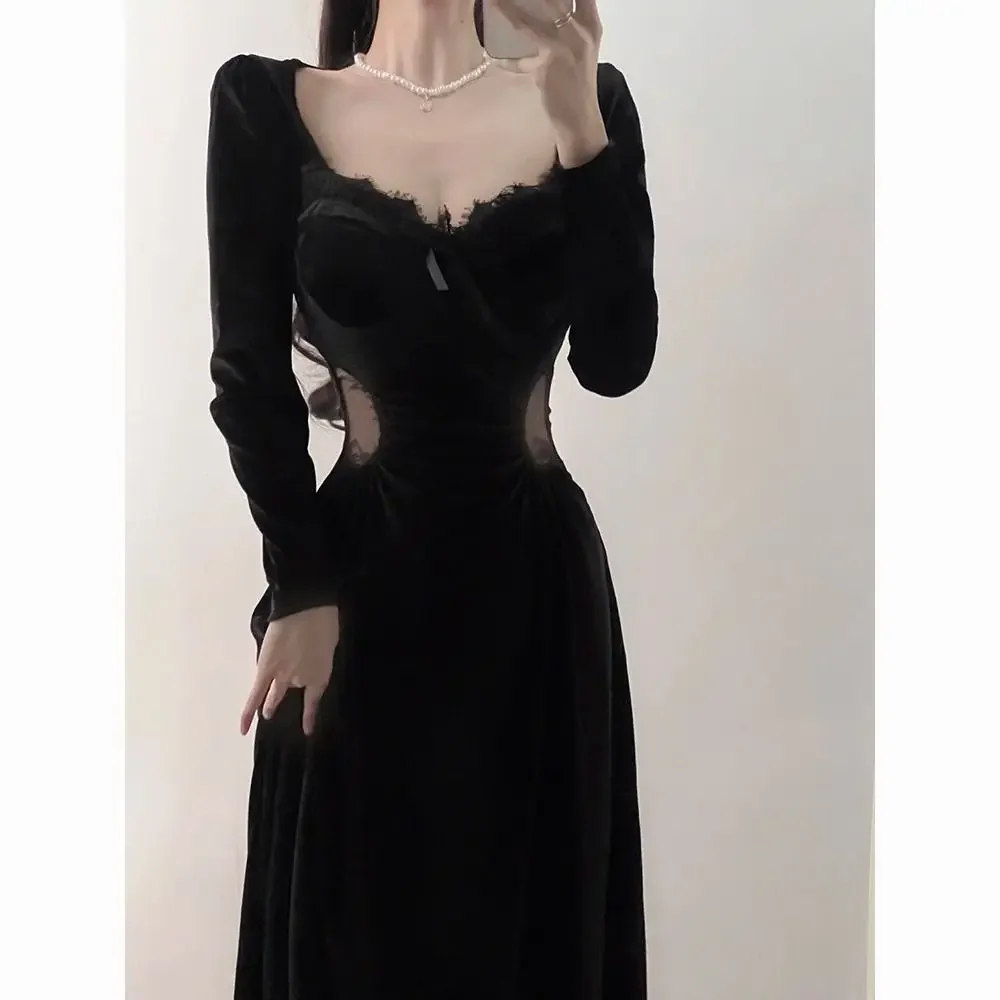 Gagarich Fashion French Style Elegant Women Dress High-end Light Luxury Niche Retro Black Velvet Vestidos Autumn New Style