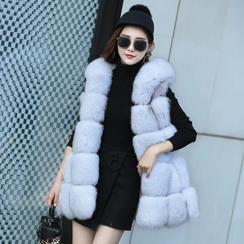 Real Fox Fur Hooded Vest for Women, Thick Warm Coat, Monochromatic Fur Vests, Hood Cap, Leather, Luxury Fashion, New