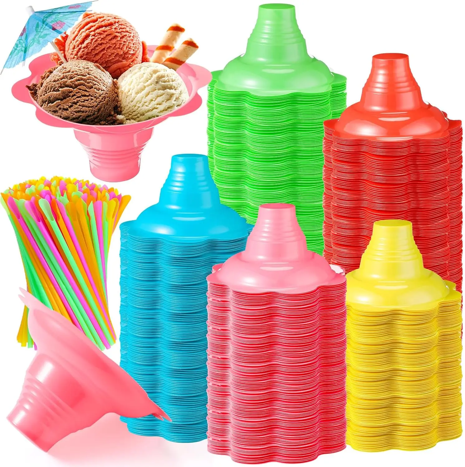 

600 Pieces 4 oz Christmas Colorful Flower Snow Cone Cups Paper Umbrellas and Kit Spoon Straws, Shaved Ice Bowls Plastic