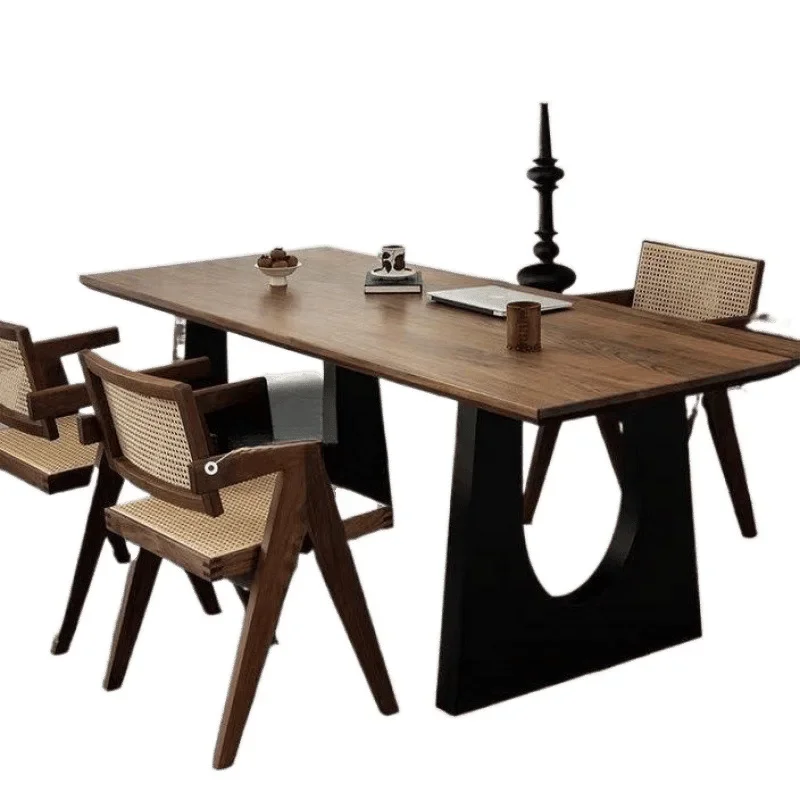 

Solid wood dining table, walnut color living room large desk, workbench large board