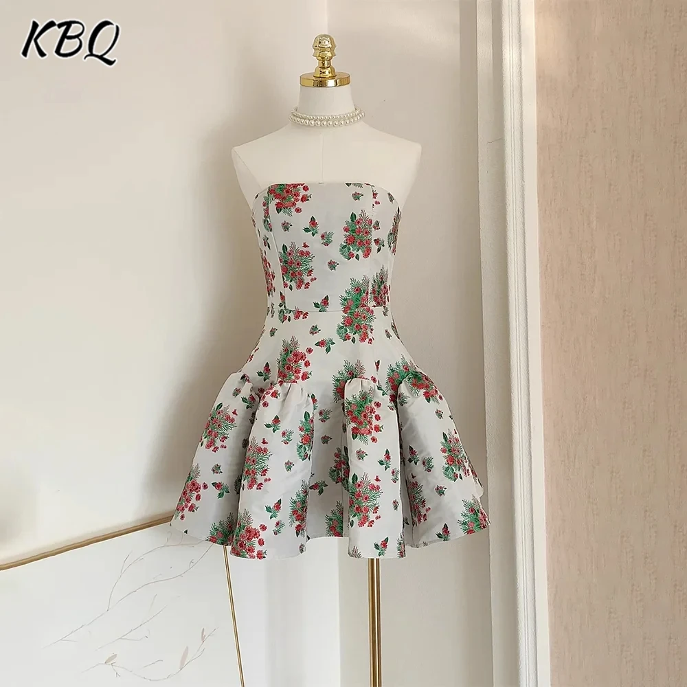 KBQ French Elegant Hit Color Printing Slimming A Line Dress For Women Strapless Sleeveless Backless Tunic Evening Dress Female