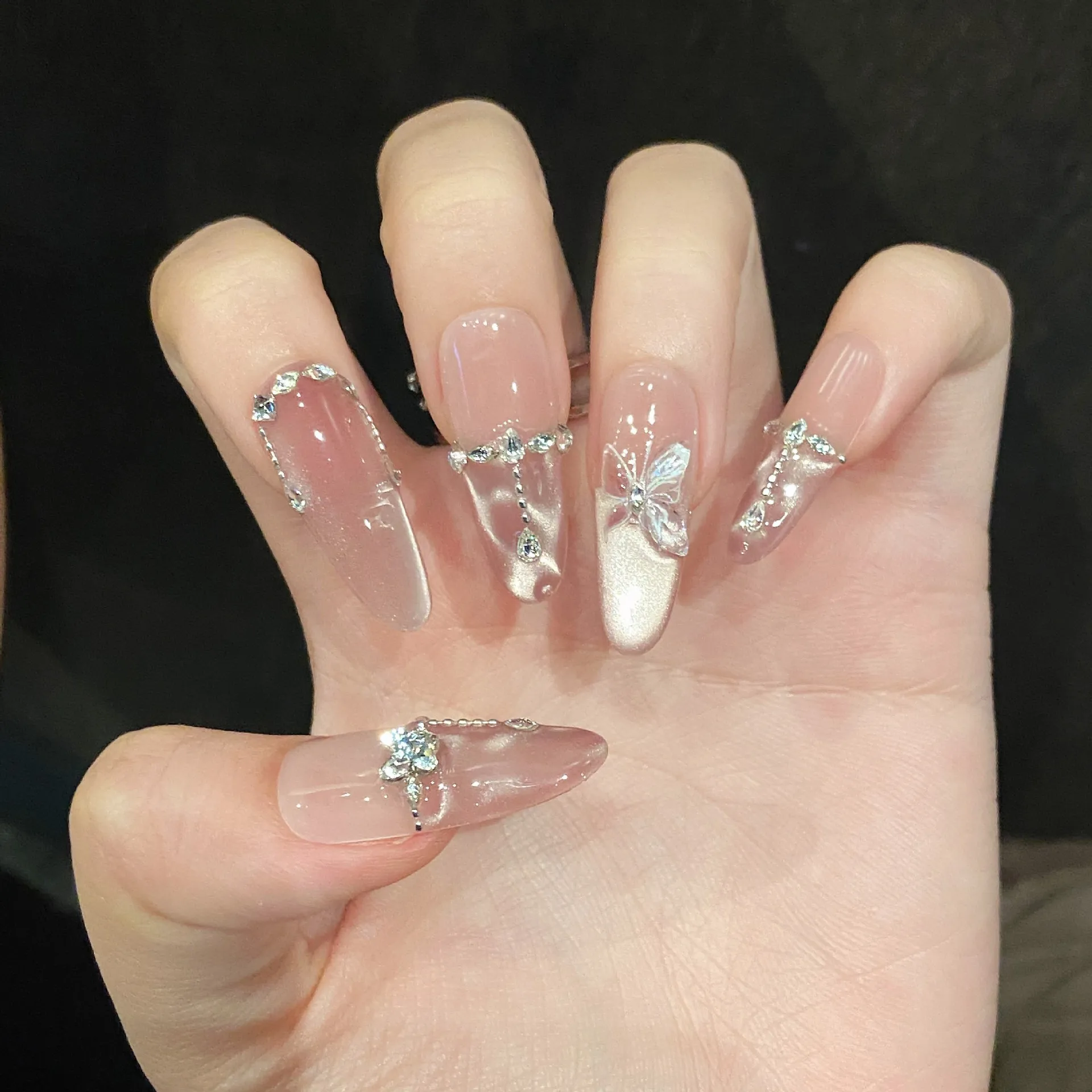 Faux ongles œil de chat rose faits à la main, strass papillon, à pression, longue tête ronde, réutilisables, couverture complète, pointe d'ongle, 10 pièces