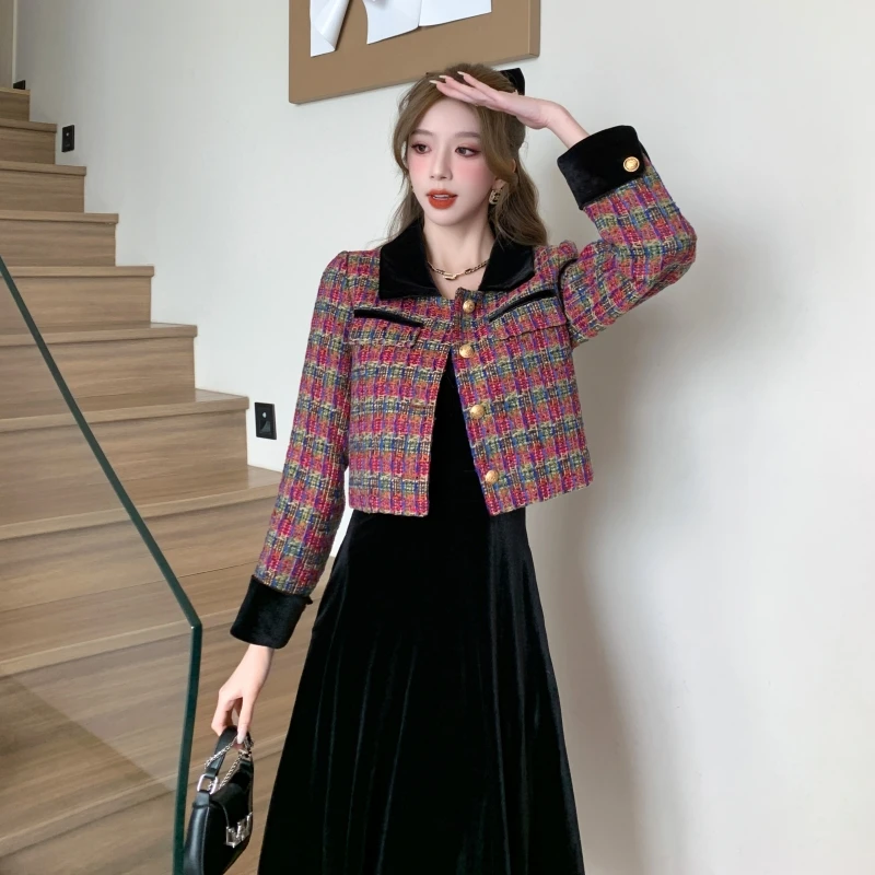 Ensemble deux pièces en tweed de luxe pour femme, veste courte à revers à simple boutonnage, manteau et robe midi en velours, bretelles spaghetti sexy, olympiques d'automne