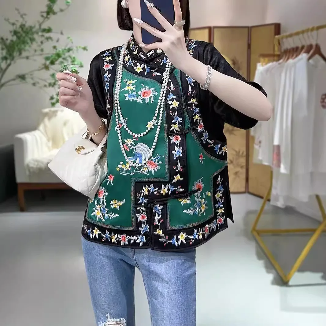 Chinese Style Vest Women's Spring And Autumn Embroidery Flowers Birds Loose Acetate Sleeveless Lady Top S-XXL