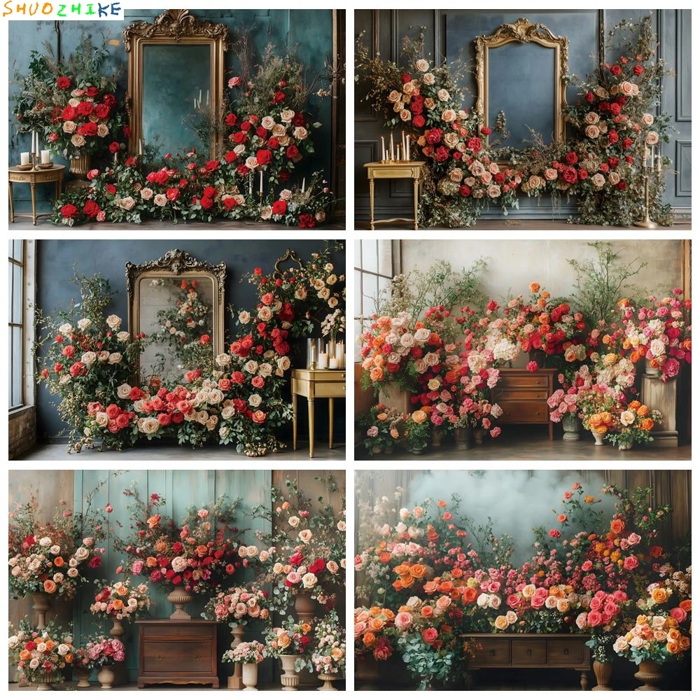 

Valentine's Day Photography Backdrop Vintage European Style Room Wall Rose Flower February 14 Wedding Party Photocall Background