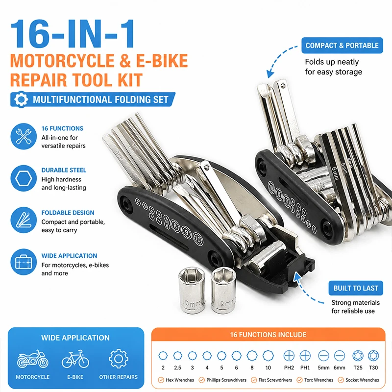 

Portable 16 in 1 Folding Hex Screwdriver Tool Set Multifunctional Repair Kit for Motorcycle E-Bike Bicycle