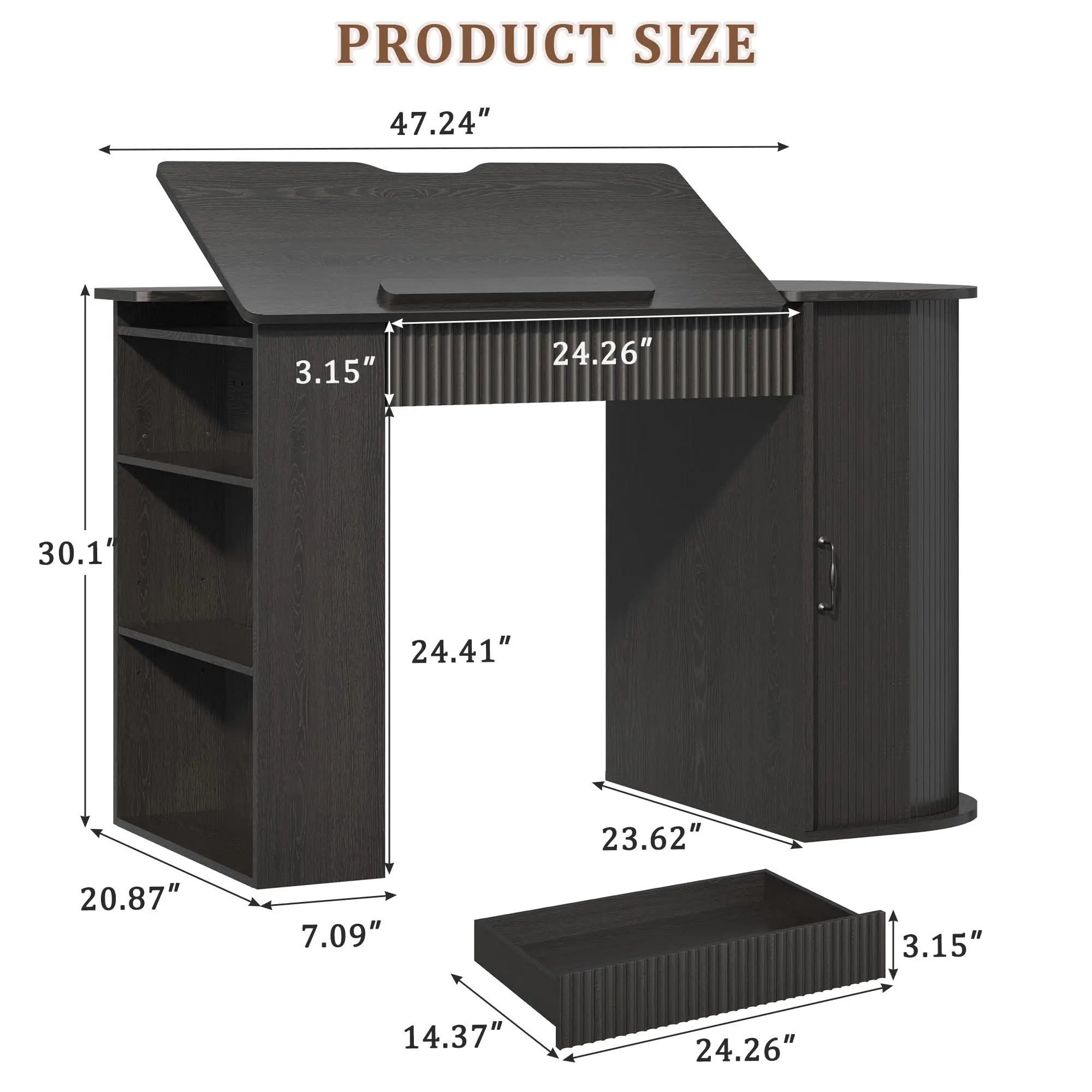 Drafting Table with Storage Cabinet & Ders, Crafting Table with Open Shelves, Fluted Ding Desk Computer Desk for