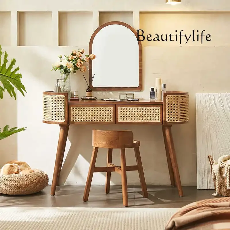 X35 Japanese Rattan Dresser Antique Bedroom Small Apartment Design Solid Wood Makeup Table