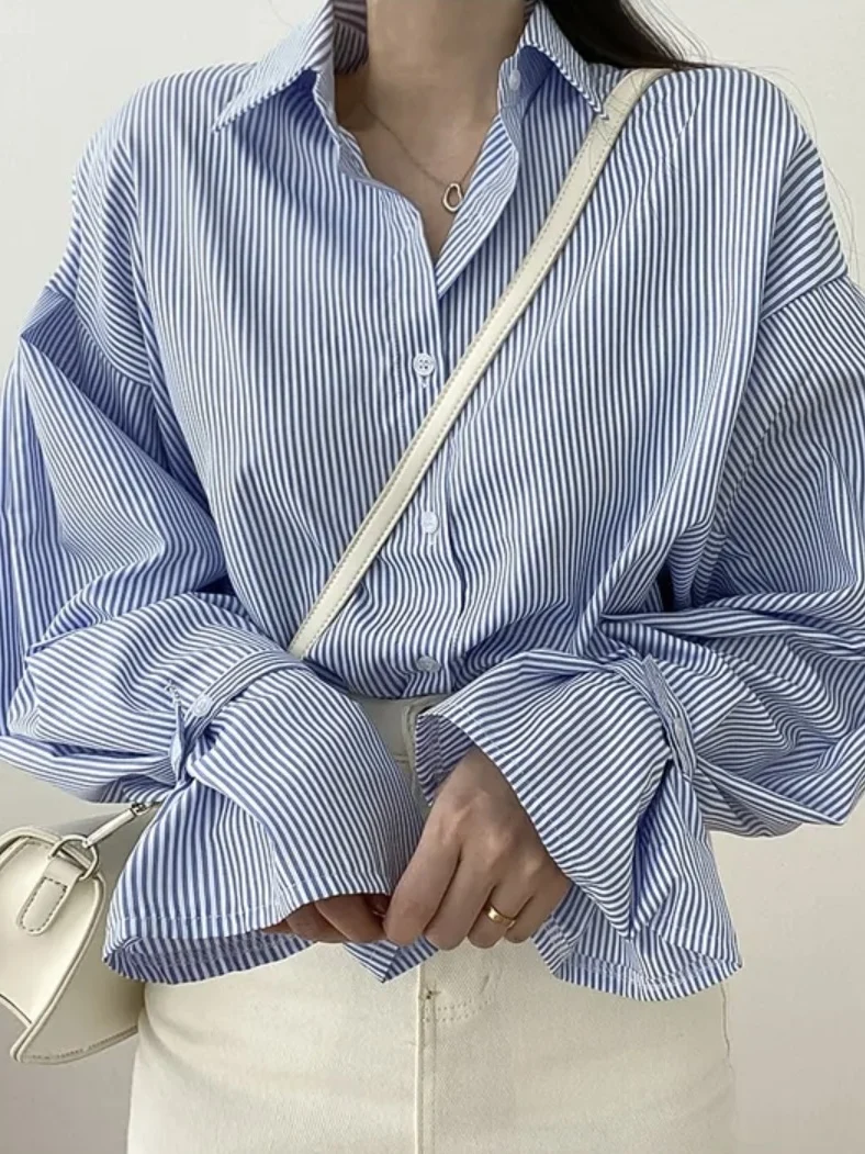 

Retro Striped Loose Lantern Sve irt Women's Chic Small ence Collar Loose Personali Matched irt