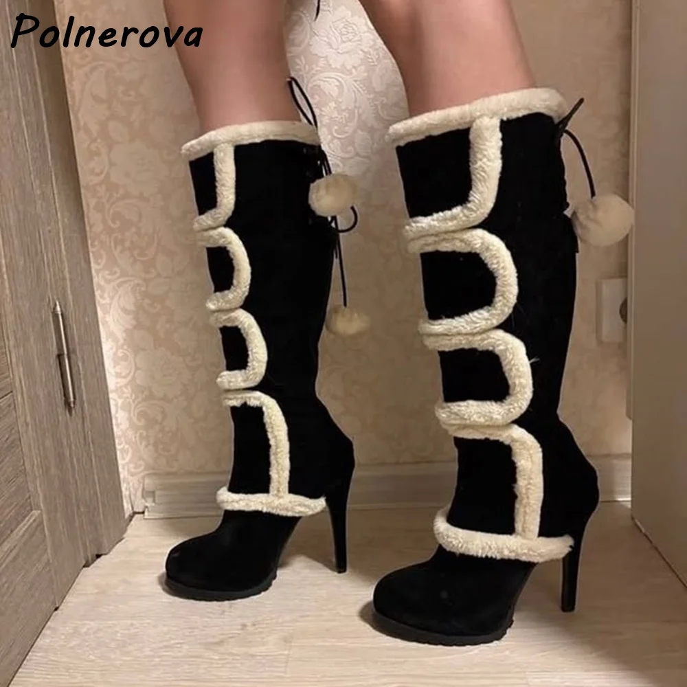 Black Brown Furry Balls Boots Round Toe Thin Heels Lace Up Mixed Color Winter Warm Shoes Women's Fashion Elegant Knee High Boots