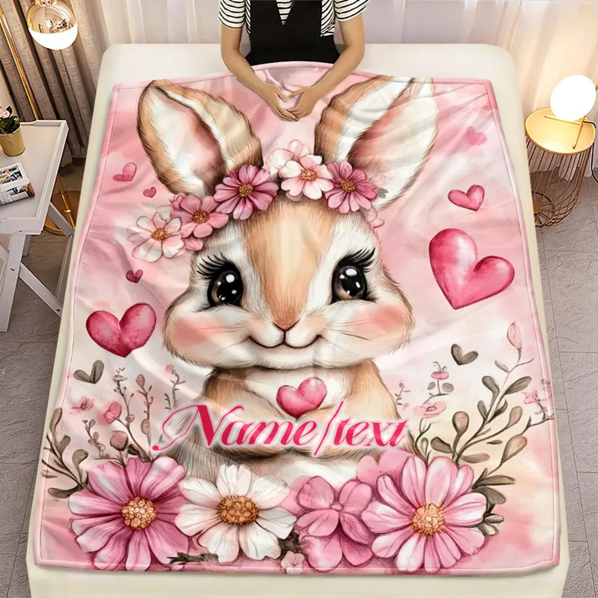 1 rabbit heart 2D flat personalized custom name portable blanket _ Lightweight, soft and warm polyester flannel digital print, s