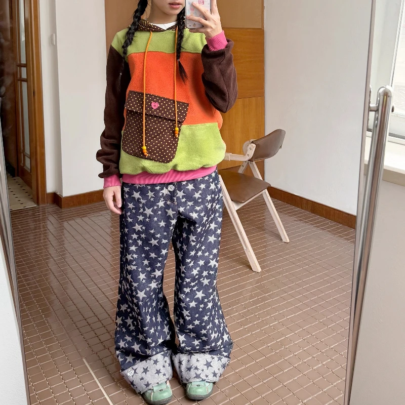 التصميم الأصلي ستار الجاكار لعوب المرأة الدنيم بنطال ذو قصة أرجل واسعة اليابانية الجديدة فضفاضة التخسيس تنوعا سراويل طويلة السيدات #4