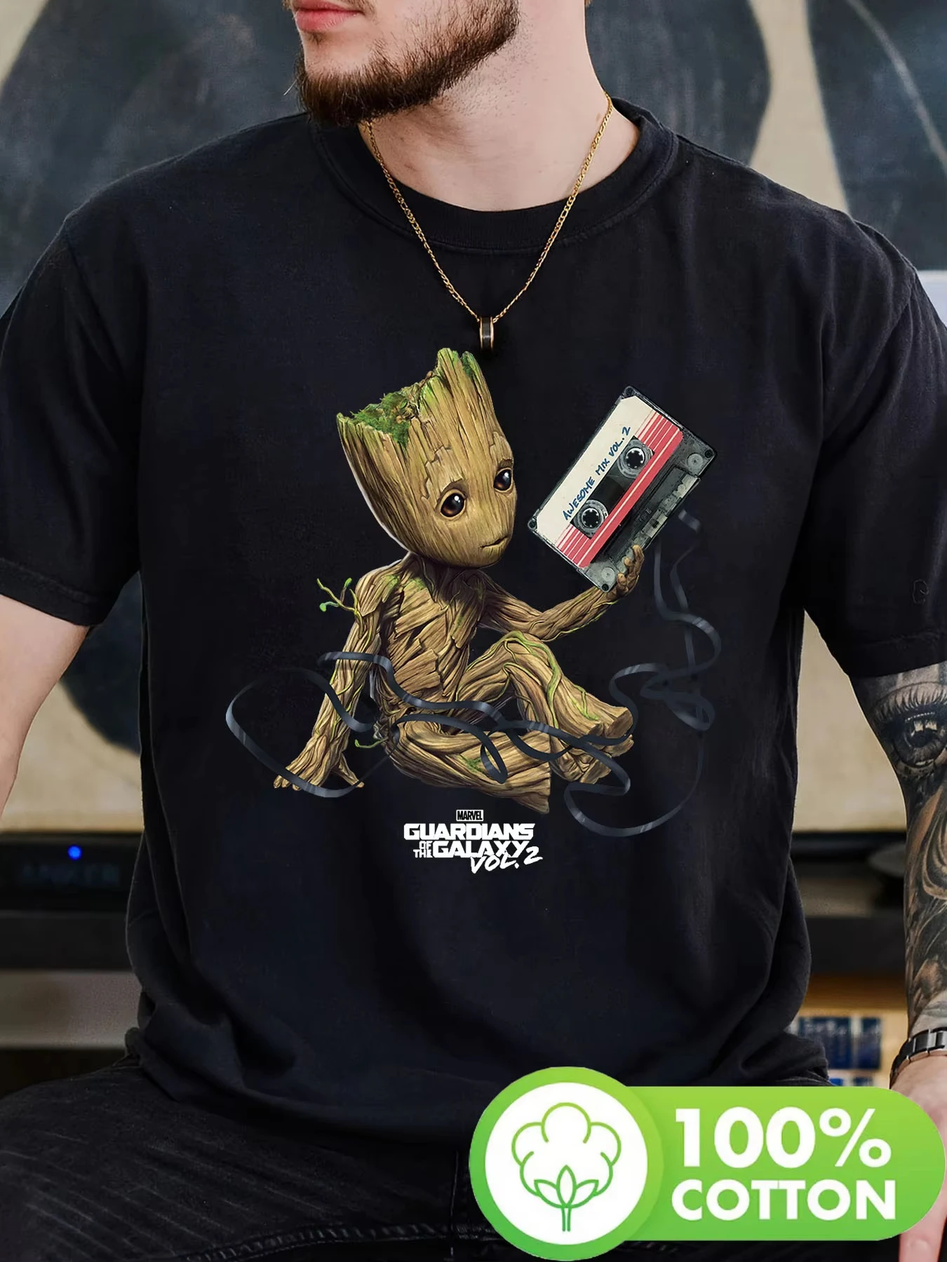 تي شيرت Marvel Guardians Of The Galaxy Vo Groot مطبوع عليه صورة شريطية كاجوال للصيف والربيع والخريف والملابس الداخلية الشتوية #2