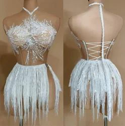 Vestido transparente con flecos para mujer, traje de baile blanco, nieve, perlas sin espalda, impresionante ropa de cantante de escenario, disfraz de Drag Queen