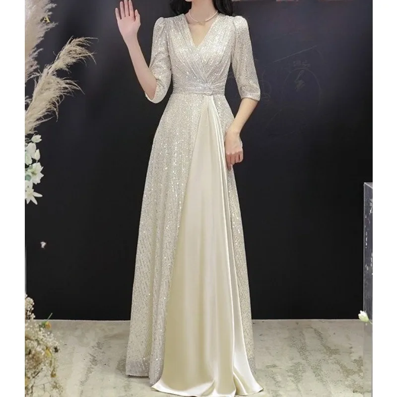 New Women's Banquet High Quality Light Luxury Evening Dress Fashion V-neck Slimming Art Exam Performance Host Adult Dress