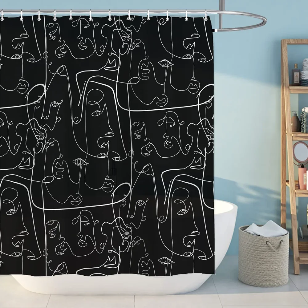 Abstract Line People Face Shower Curtain Black White Geometric Fabric Modern Aesthetic Shower Curtain Sets Bathroom Curtain