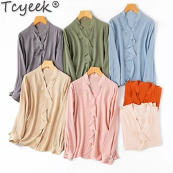 Tcyeek 100% Mulberry Silk Blouse Women Clothes Spring Summer Long Sleeve Top OL Style Elegant Female Blouses Blusas De Mujer