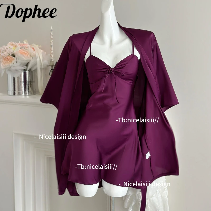 Dophee Solid Color Suspender Nightgowns Sexy Lady Chest Pad Basic Dress Elegant V-neck Pyjamas Set Robe Night Dress Sleepwear